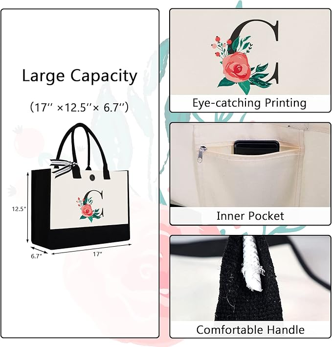 Initial Canvas Tote Bag, Personalized Birthday Gifts for Women Mom Friends Teachers, Monogrammed Tote Bags Suitable for Mother's Day Wedding Beach (Letter C)