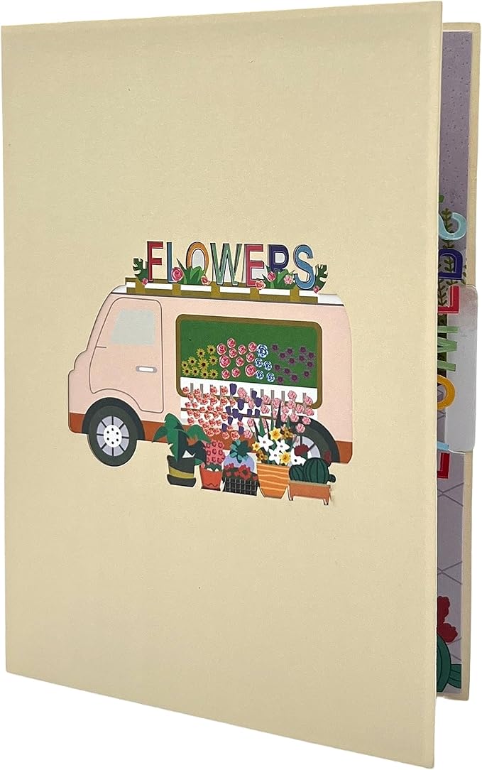 Pop Up Greeting Card Blooming Flower Van Adventure Floral Vehicle Nature Lover Classic Spring Theme Unique Gift for Any Occasion