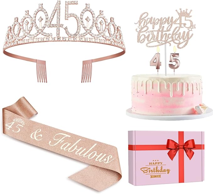 45 Birthday Decorations for Women Including Birthday Sash and Tiara, Cake Topper and Candles, 45 Year Old Gifts for Women, Rose Gold Party Decor Supplies
