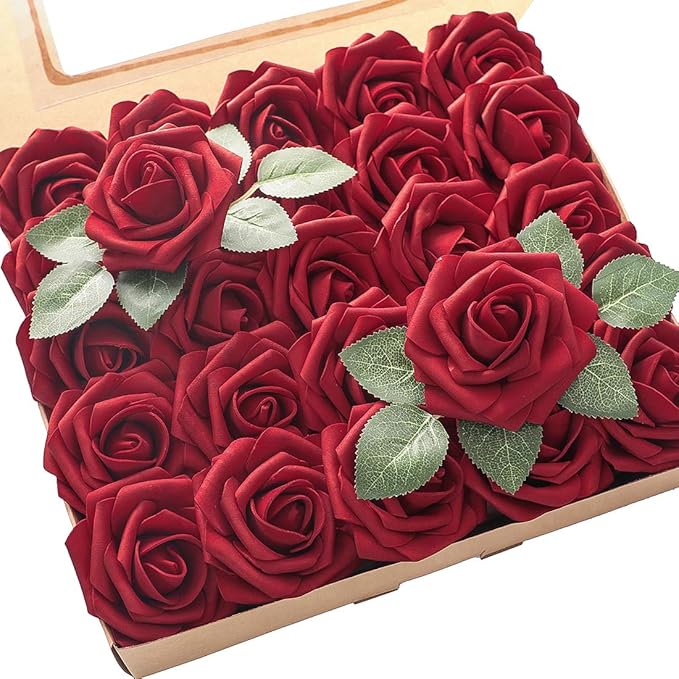 Floroom Artificial Flowers 25pcs Real Looking Dark Red Foam Fake Roses with Stems for DIY Wedding Bouquets Bridal Shower Centerpieces Party Decorations