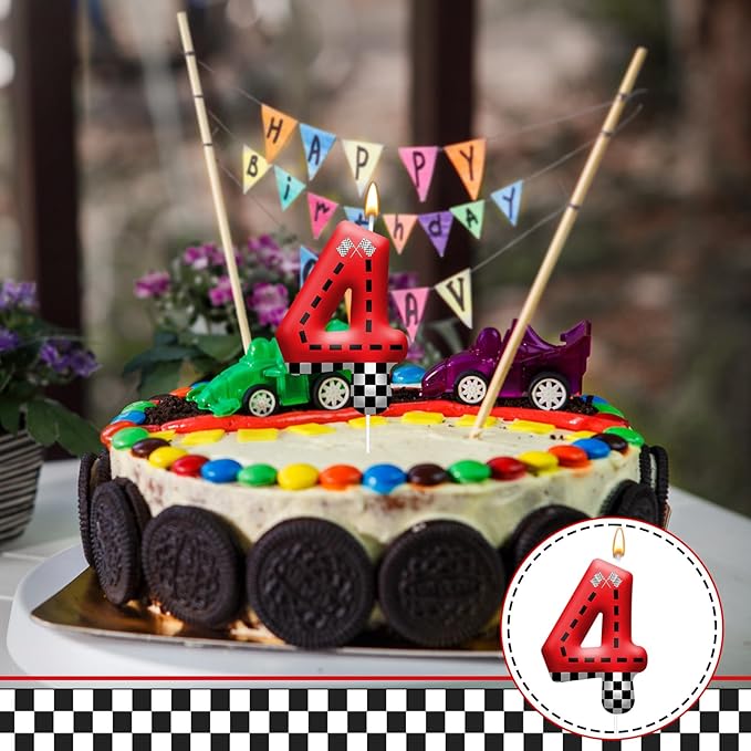 Racing Car Theme Birthday Candle with Checkered Flag Design - Durable Cake Topper for Race Car Party Decorations,Birthday Supplies - Number 4 Candle for Racing Themed Celebrations
