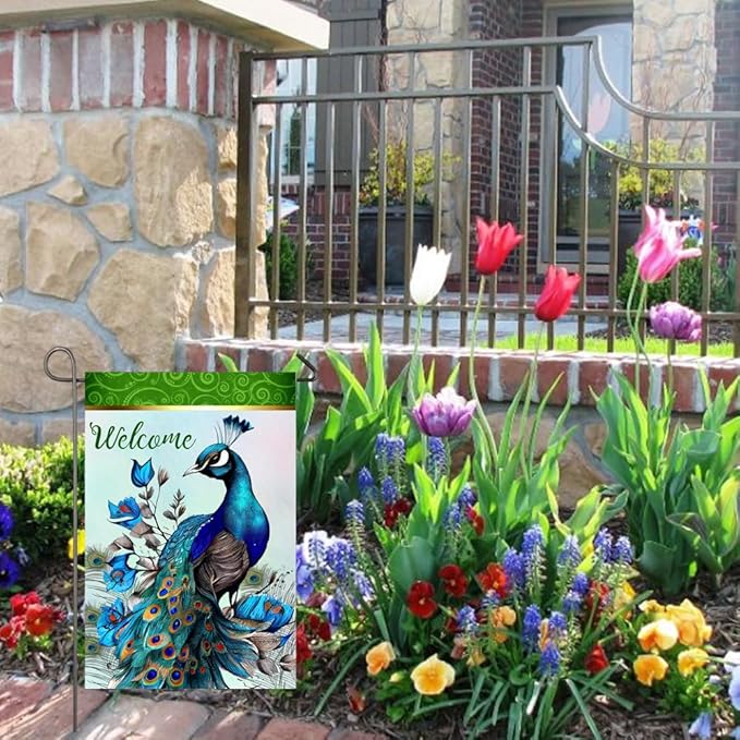 Peacock Garden Flag 12x18 Inch Double Sided Welcome Yard Flag Peacock Garden Decor Burlap Banner Front Porch Lawn Outdoor Decorations