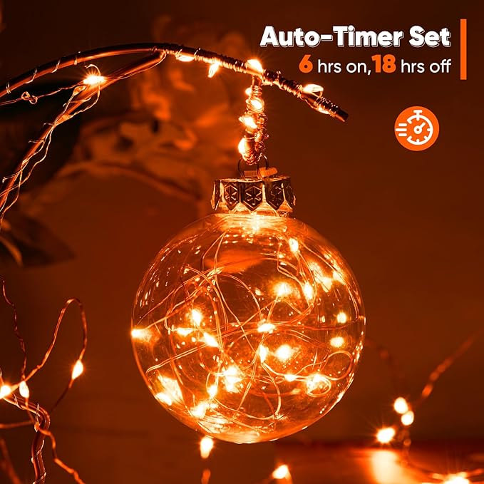 Ariceleo 4 Pack 65.6 Ft. Battery Operated Outdoor String Lights with Remote & Timer, LED Orange Fairy Lights, Waterproof Twinkle Lights for Bedroom, Dorm, Mason Jar, Wedding, Party, Christmas
