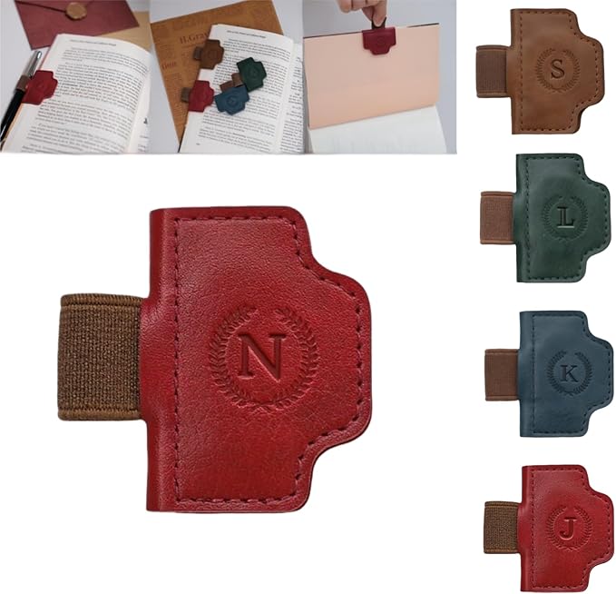 Personalized Magnetic Bygone Mark Bookmark with Pen Holder, 26 Letters Name Initial Custom Leather Book Mark for Women, Gifts for Book Lovers and Readers (Red,N)