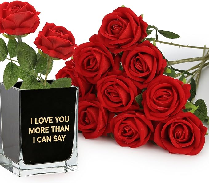 Roses Artificial Flowers, Fake Silk Roses with Stems for Valentine's Day Mother's Day Christmas, Indoor Outdoor Decor Wedding Anniversary Birthday Party Decor, Gift for Her(12, Red)