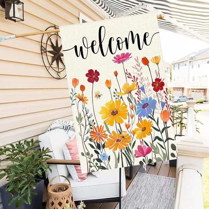 ARGOOFG Spring Summer House Flag 28x40 Inch Double Sided Outside Welcome Wildflower Daisy Floral Outdoor Seasonal Decorative Large Garden Flag Decor 1-28