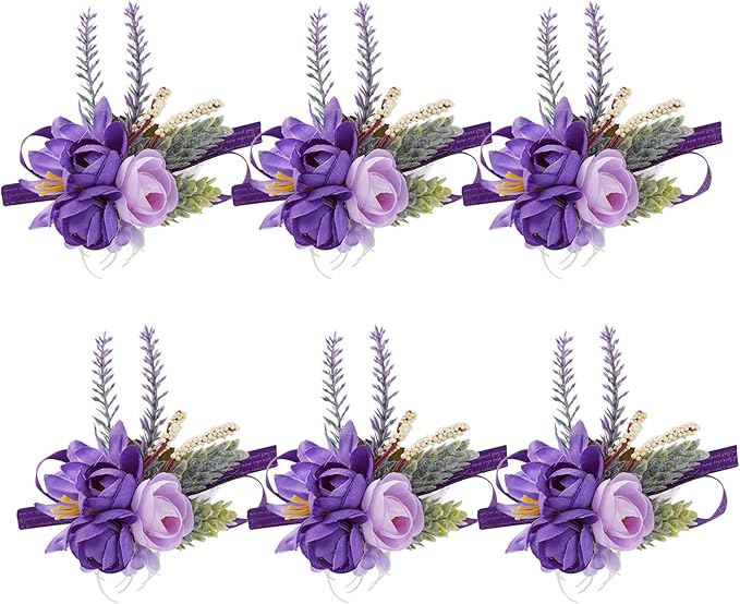 Meldel Lavender Purple Wrist Corsages, Set of 6, Wrist Corsage for Wedding Mother of Bride and Groom, Artificial Silk Rose Prom Flowers, Wedding Hand Flower Decor