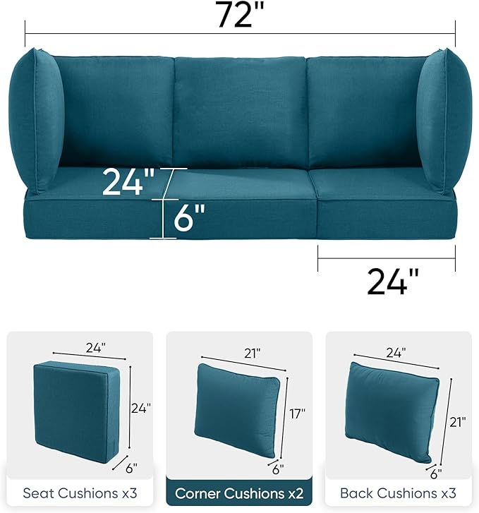 Luxury 24x24x6 Outdoor Couch Cushions Set of 3 - Water-Repellent 8-Piece Cushion Set for Outside Wicker 3-Seat Sofa Loveseat Chair Sectional Patio Conversation Sets - Peacock Blue/Classic