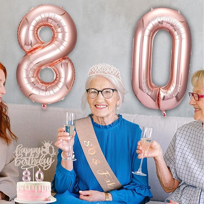 80th Birthday Gifts Decorations for Women, Including 80 year old Birthday Cake Topper, Queen Sash with Pearl Pin, Sweet Rhinestone Tiara Crown, Number Candles and Balloons Set, Rose Gold