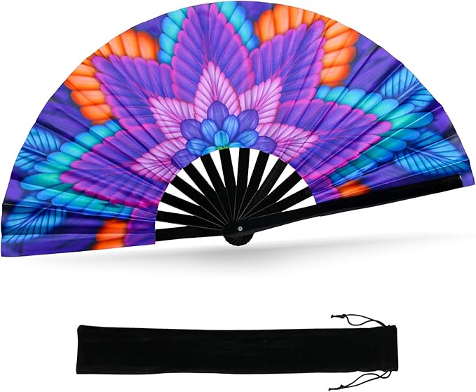 SYNTECSO Folding Hand Fan for Rave, UV Glow Fan, Large Bamboo Fan for Drag Queen, Women and Men Gift，Chinese Japanese Clack Fan for Parties, Music Festivals, EDM and Decoration