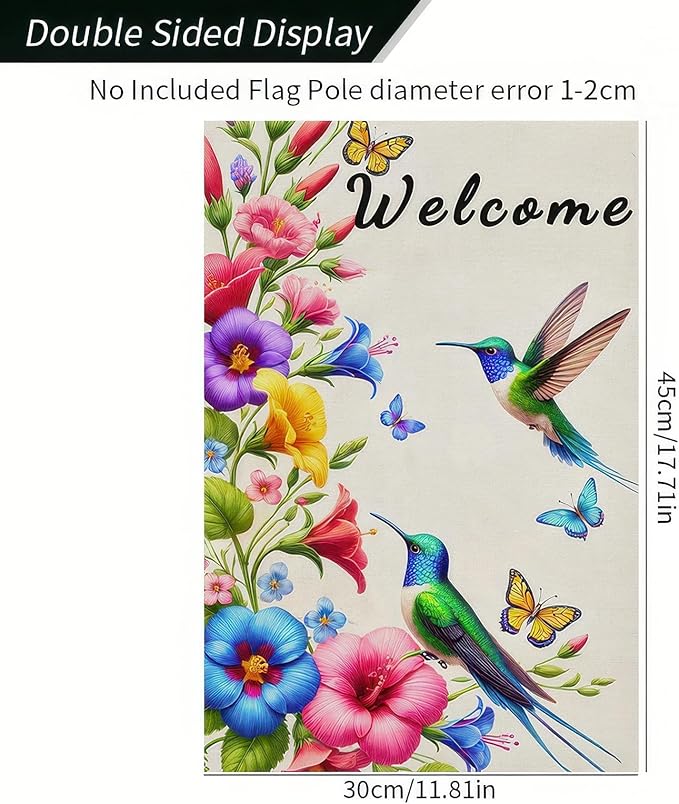 BlissYard Hummingbird Floral Welcome Garden Flag 12x18 Inch Double Sided Spring Summer Hummingbird Yard Flag Yard Outdoor Flag Small Outside Decoration
