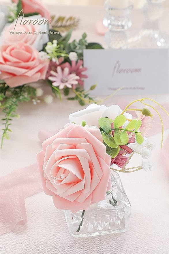 Floroom Artificial Flowers 25pcs Real Looking Blush Ombre Colors Foam Fake Roses with Stems for DIY Wedding Bouquets Bridal Shower Pink Centerpieces Floral Arrangements Party Tables Home Decorations