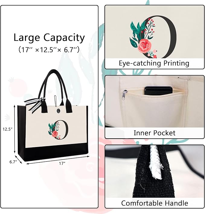 Initial Canvas Tote Bag, Personalized Birthday Gifts for Women Mom Friends Teachers, Monogrammed Tote Bags Suitable for Mother's Day Wedding Beach (Letter O)