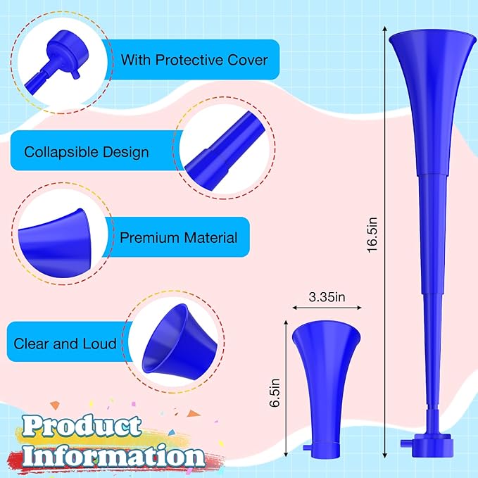 2PCS Stadium Horn, 16.34 Inch Vuvuzela Plastic Trumpet Collapsible Cheering Blow Horns Loud Sound Soccer Trumpets Noise makers for Sporting Events Football Games Carnival Birthday Party Favors (Blue)