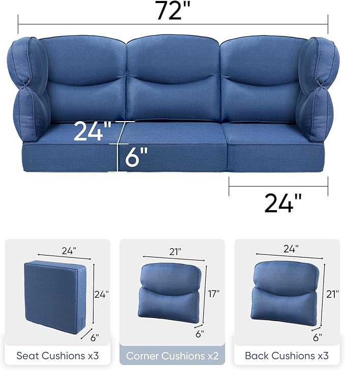 Luxury 24x24x6 Outdoor Couch Cushions Set of 3 - Water-Repellent 8-Piece Cushion Set for Outside Wicker 3-Seat Sofa Loveseat Chair Sectional Patio Conversation Sets - Navy Blue/Smile