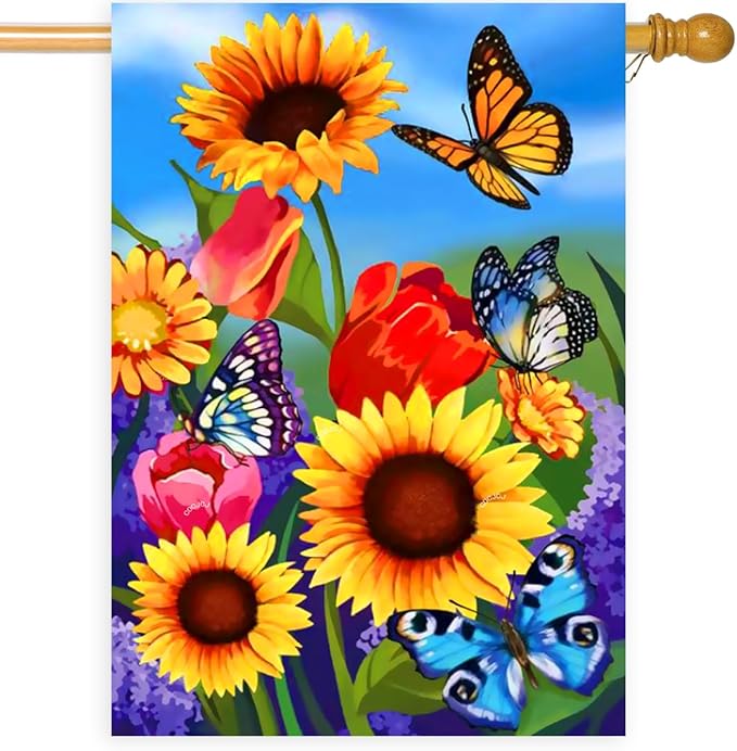 large Garden Flag 28x40 Double Sided sunflower spring flag, monarch Butterfly Floral Flower Welcome Garden Yard House Flags Outside Outdoor House sunflower Spring Summer Décor