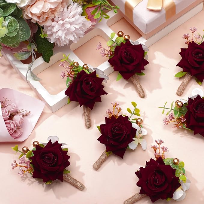 Sherr 20 Pcs Rose Wrist Corsage and Boutonnier Set Flower Wrist Corsage Wristlet Band Bracelet Wedding Bridegroom Men's Boutonniere Wristlet Hand Flower for Wedding Bouquets Supplies (Dark Red)