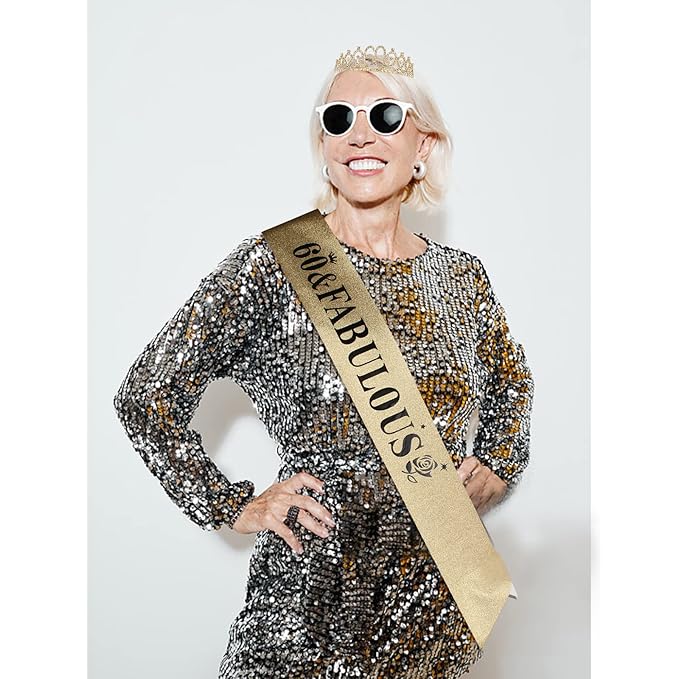 Casoty 60th Birthday Sash and Tiara for Women, Gold Crown 60 and Fabulous Sash & Crown Set, 60th Birthday Gifts for Women, 60th Birthday Decorations Women