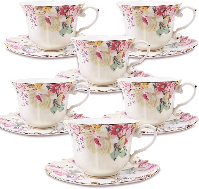 TATSUMI Country Roses 18 Peices Bone China Tea Cup And Saucer Set, English Vintage Tea Cups Of 6 For Women And Tea Party Sets(Pink,6 sets)