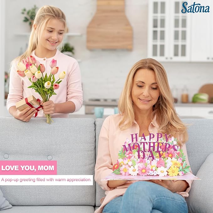 SATONA 3D Mother Pop-Up Greeting Card, Elegant Floral Scene, Includes Envelope & Message Card, Perfect for Mothers, Wives, Grandmas, or a Special Occasion (Happy Mother’s Day - Flower)