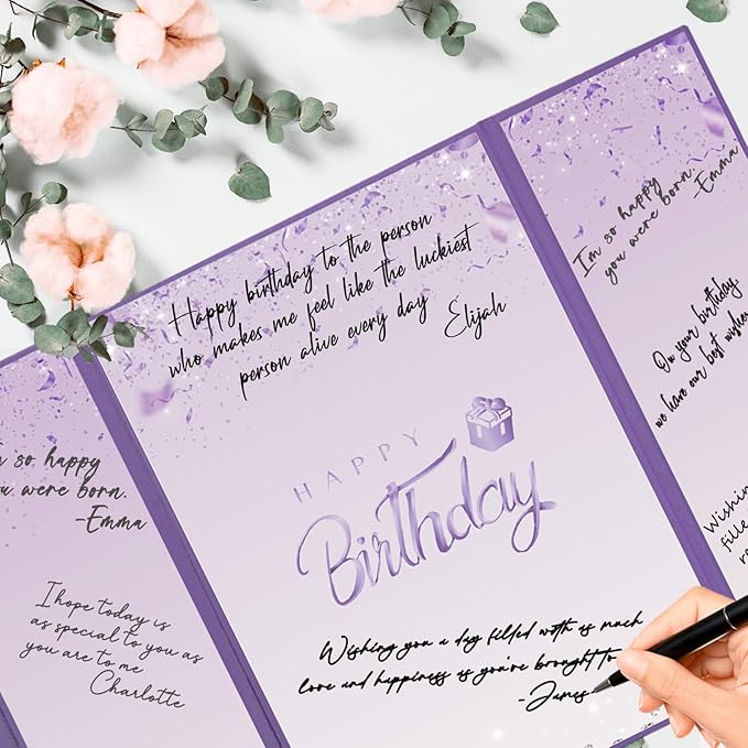 Crenics Purple Happy Birthday Decorations, Creative Birthday Guest Sign in Book Alternative, Birthday Signature Book 12" x 18", Great Birthday Gifts for Women or Girls