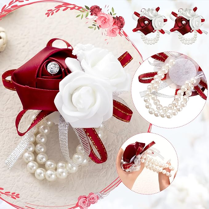 Zeyune 18 Pcs Wrist Corsages for Prom Wedding Artificial Rose Wristlet Corsage Hand Flower for Mother of Bride and Groom, Bridal, Bridesmaid Wedding Supplies (Red)