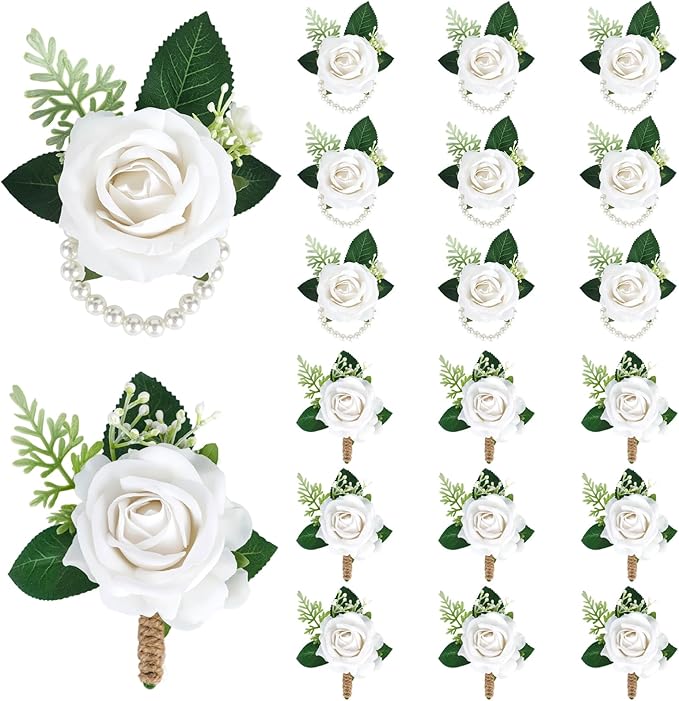 20 Pcs White Rose Corsage and Boutonniere Set, Boutonniere for Men and Wristlet Band,Prom Flower Wrist Corsage Bracelet for Wedding Ceremony Accessories Prom Suit Decorations