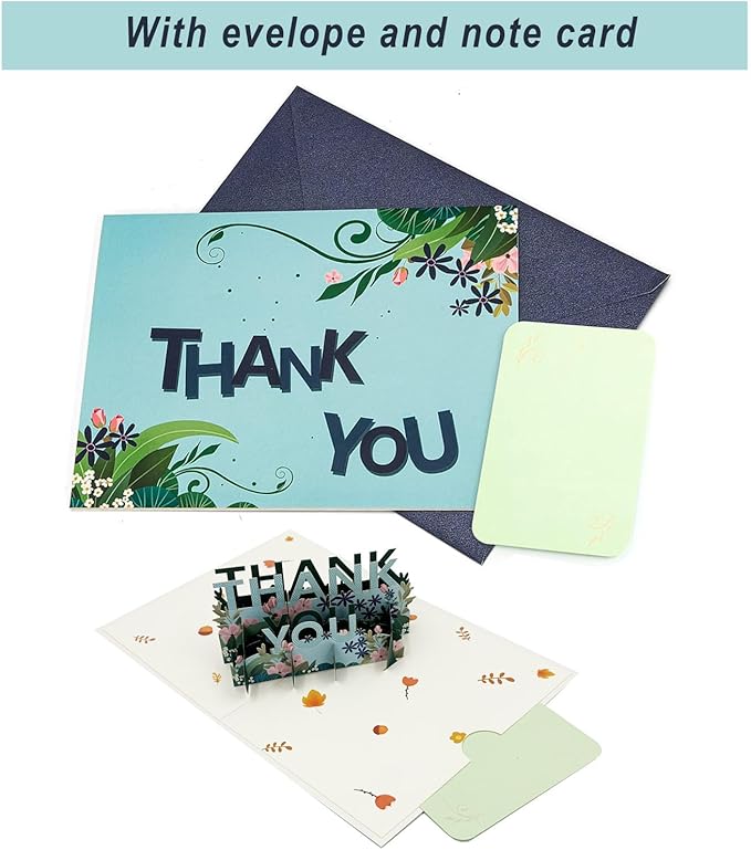 3D Thank You Pop Up Cards for Her and Him, Greeting Cards for Women Mom Dad Teachers - Minimalist Green Botanicals Cool-Tone
