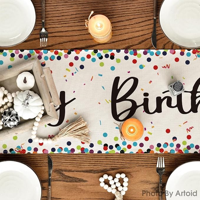 Artoid Mode Polka Dot Beige Happy Birthday Table Runner, Seasonal Kitchen Dining Table Decoration for Home Party Decor 13x72 Inch