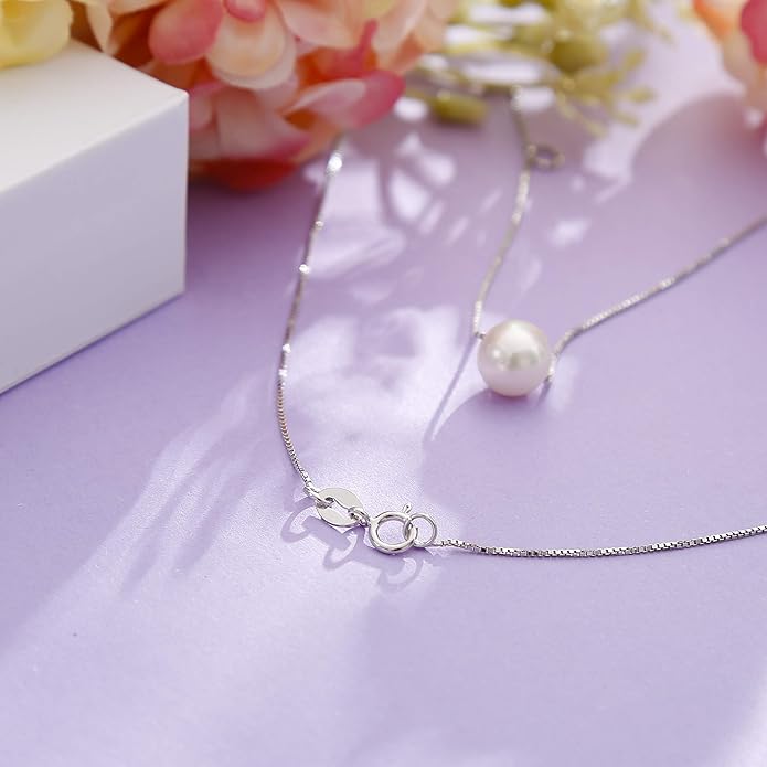 ALoveSoul Necklace for Women Girls - 925 Sterling Silver Single Pearl Necklace, Mother's Day Birthday Gift Ideas