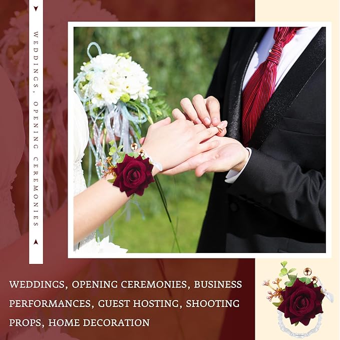 Sherr 20 Pcs Rose Wrist Corsage and Boutonnier Set Flower Wrist Corsage Wristlet Band Bracelet Wedding Bridegroom Men's Boutonniere Wristlet Hand Flower for Wedding Bouquets Supplies (Dark Red)