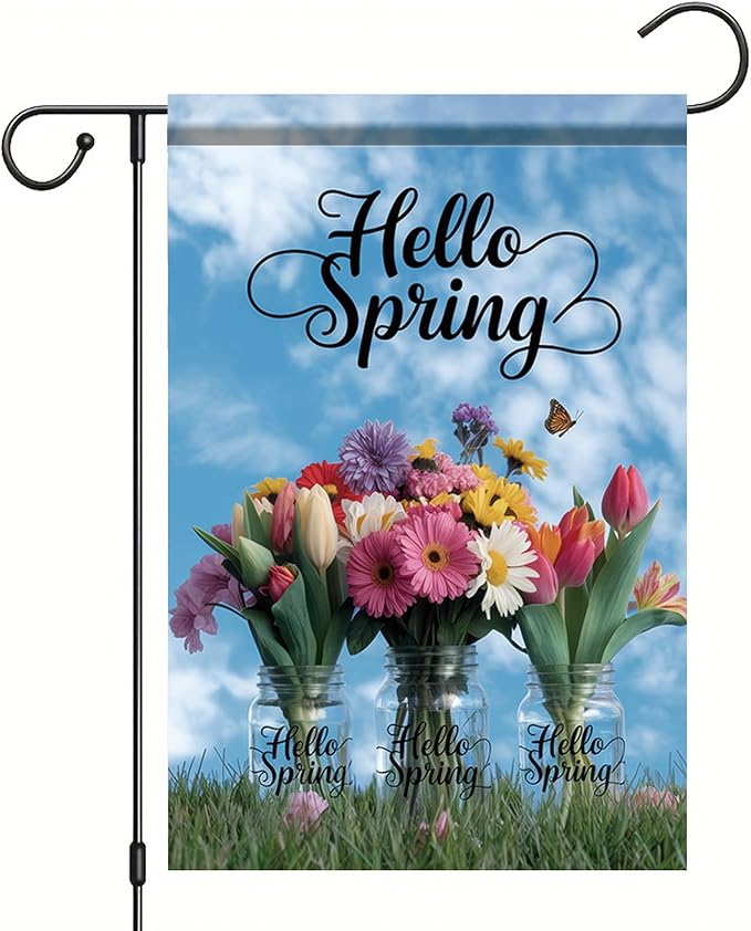 Starlit Patio Welcome Spring Garden Flag 12x18 Double Sided Small Floral Flower Garden Flag Yard House Flower Bouquets in Mason Jars Outside Outdoor House Hello Spring Summer Decoration