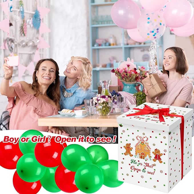 Hungdao Gender Reveal Balloon Box with Ribbon and 10 Pink and Blue Balloons Gender Reveal Games He or She Open to See for Party Decoration 12 x12 x16 (Gingerbread)