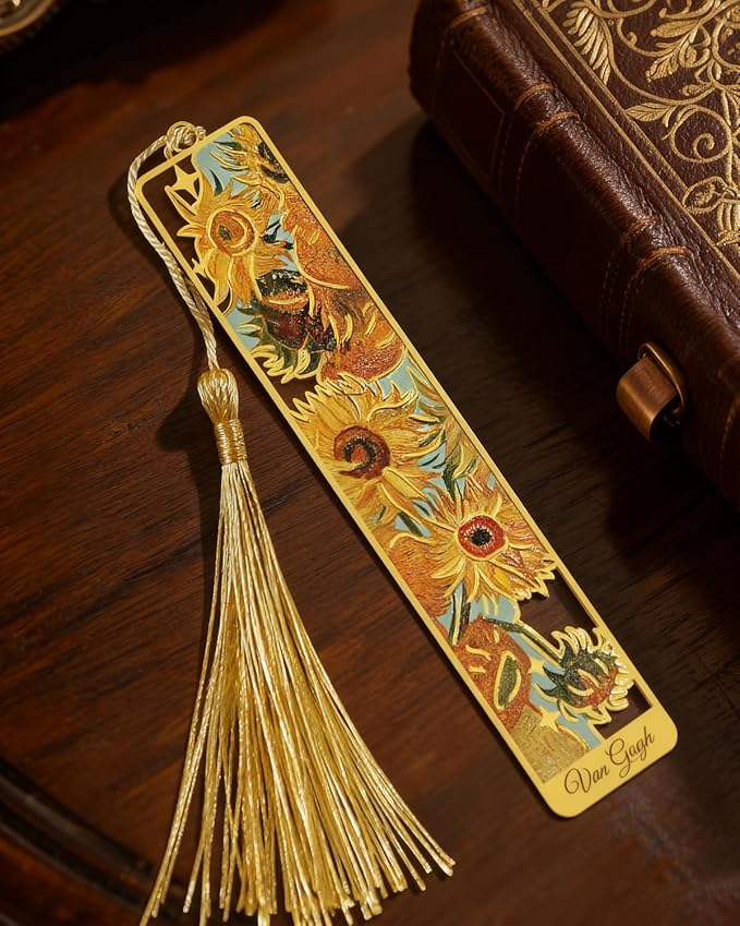 4 Pieces Metal Bookmarks with Tassel, Golden Hollow Bookmark Oil Painting Van Gogh Monet Theme Book Mark Bookmarks for Book Lovers Writers Readers Children Teens Men Women Adults