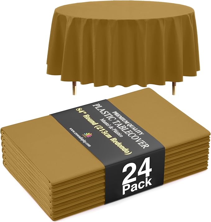 Exquisite 66% Thicker Premium Gold Round Tablecloth 0.5 Mil 24 Pack Plastic Table Cloth Disposable 84 Inch Round Plastic Tablecloth Won't Tear Easily Like Cheap Thin Brands