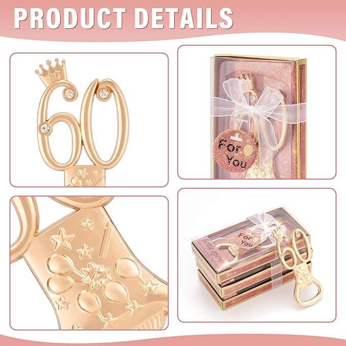 60th Birthday Party Favors - 24 Pack Rose Gold Bottle Opener Set, Wedding Souvenirs, Theme Party Supplies with Gift Box