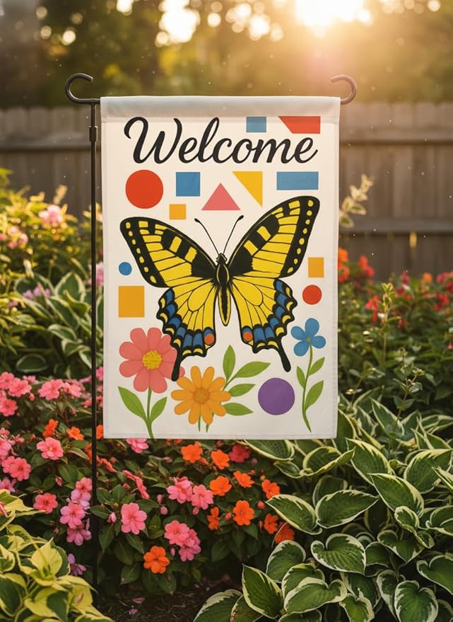 FLAGMEUP8386 Welcome Butterfly Garden Flag 12x18 Inch Double-Sided Polyester Yard Banner with Swallowtail and Geometric Flowers, Outdoor Decoration for Late Summer and Fall