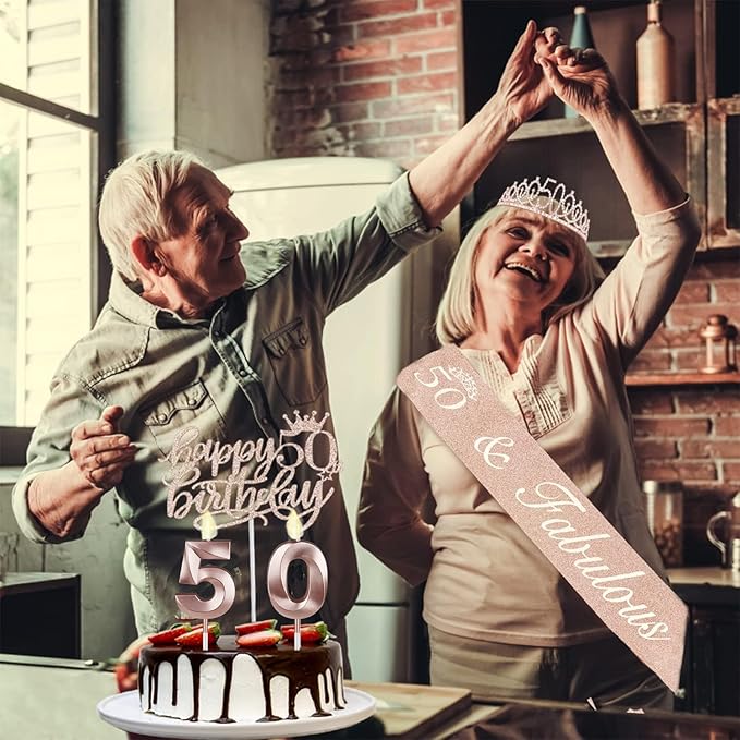 50th Birthday Decorations for Women, Including 50th Birthday Sash and Crown, Cake Topper and Candles, 50 Year Old Gifts for Women