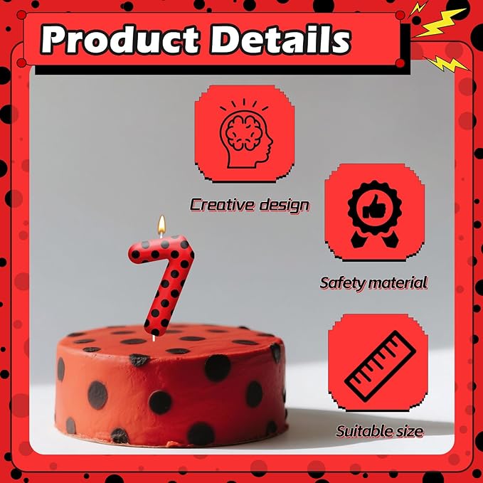 Ladybug Theme Birthday Candles - Red & Black Polka Dot Decorative Candles for Kids Ladybug Themed Parties, Baby Showers, Birthday Cakes, and Ladybird Inspired Celebrations(Number 7)