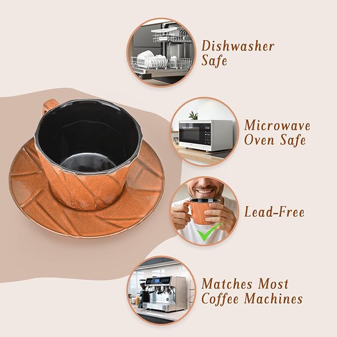 Ceramic Espresso Cups with Saucers 6 oz,Coffe Cups for Cappuccino,Latte,Tea with Saucers Set of 2 - Geometry - Brown