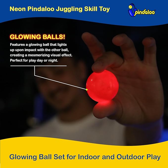 pindaloo Original Led Light Neon Skill Game with 2 Balls- Gifts for Kids and Adults Indoor & Outdoor Games, Girls, & Teens - Gift Ideas, Fun Stuff, Develops Motor & Juggling Skills (Neon)