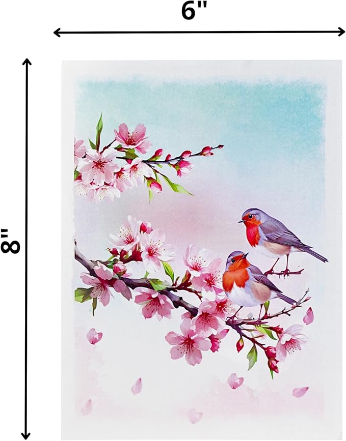 Robins Couple w Cherry Blossom Pop Up Anniversary Cards, 6x8in Wedding Anniversary Card, Valentines Day Card, 3D Gift Card for Her, Him, Husband, Wife (Cherry Blossom Robins Couple)