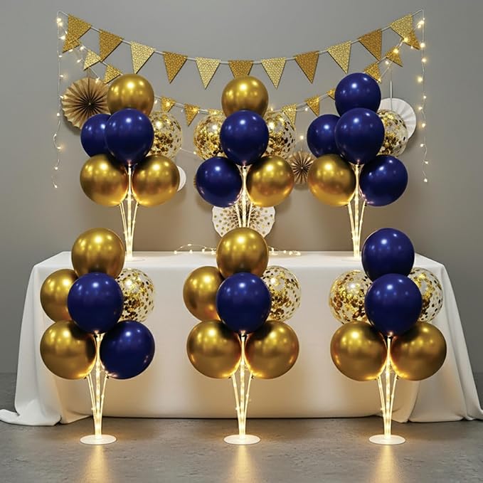 6 Set Balloon Stand Table Centerpieces with LED Lights for Party Decor, Balloons Centerpieces for Table, Balloon Stand Kit for Graduation Decorations 2025, Weddings, Birthday Decoration (Gold & Navy)