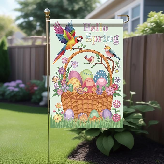 Starlit Patio Hello Spring Garden Flag Corn Poppy 12x18 Inch Double Sided Happy Easter Garden Flag Colorful Easter Eggs Birds Summer Outside Floral Yard Decoration Outdoor Flag Decor