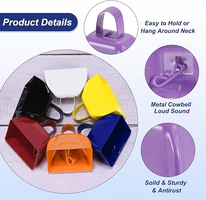 PATIKIL 12pcs Cow Bells for Football Games, 3inch Cowbells for Sporting Events Bulk Loud Noise Makers Metal Cow Bell with Handle for Cheering,Light Purple