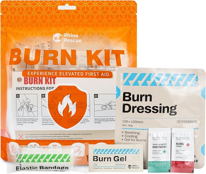 RHINO RESCUE Burn Kit, 4pcs Burn Dressings 4x4”, 8pcs Burn Gel Packets 3.5g, 4pcs Burn Pads, First Aid Kit Cooling Soothing Cream Relief with Bandage, Nitrile Gloves, Scissors, Tape