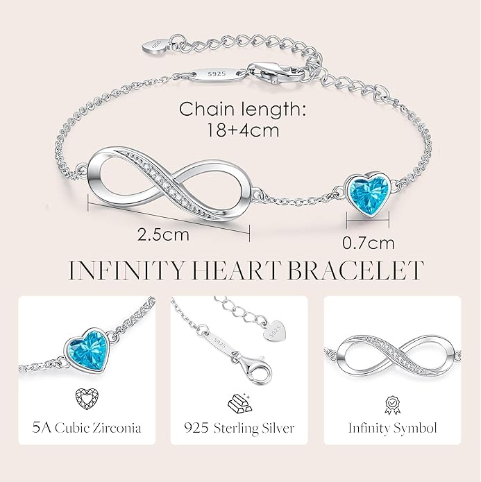 CDE Infinity Heart Birthstone Charm Link Bracelet for Women 925 Sterling Silver Adjustable Mother's Day Christmas Day Gift Anniversary Birthday Jewelry for Wife Girlfriend Her