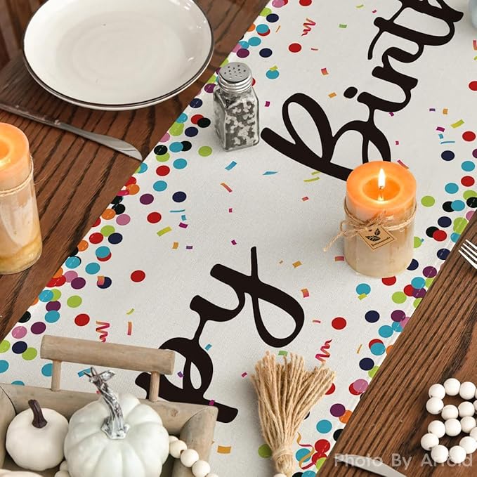 Artoid Mode Polka Dot Beige Happy Birthday Table Runner, Seasonal Kitchen Dining Table Decoration for Home Party Decor 13x60 Inch