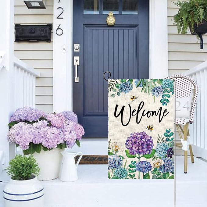 Baccessor Summer Spring Hydrangea Garden Flag Double Sided 12x18 Inch, Summer Purple Blue Flower Floral Welcome Small Yard Flag Burlap Vertical Seasonal Farmhouse Yard Outdoor Decoration