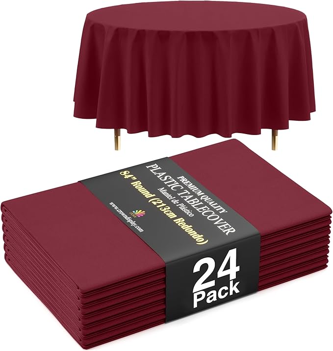 Exquisite 66% Thicker Premium Burgundy Round Tablecloth 0.5 Mil 24 Pack Plastic Table Cloth Disposable 84 Inch Round Plastic Tablecloth Won't Tear Easily Like Cheap Thin Brands